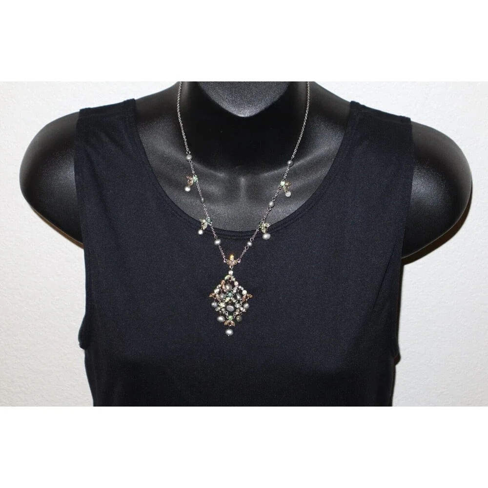 Vtg Necklace Faux Pearls Silver Tone Green Brwn Rhinestones Dangle Pendant 18"+ - Picture 10 of 10